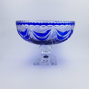 Grande coupe à fruits en cristal de bohème bleu overlay numérotée Cristallerie de Lorraine